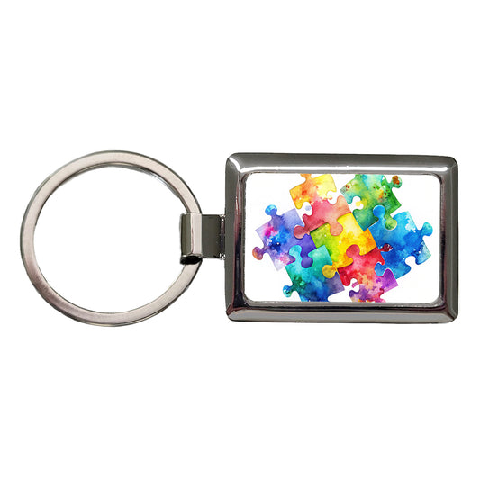 Autism Awareness Acceptance Puzzle Pieces Watercolor Rectangle Metal Keychain