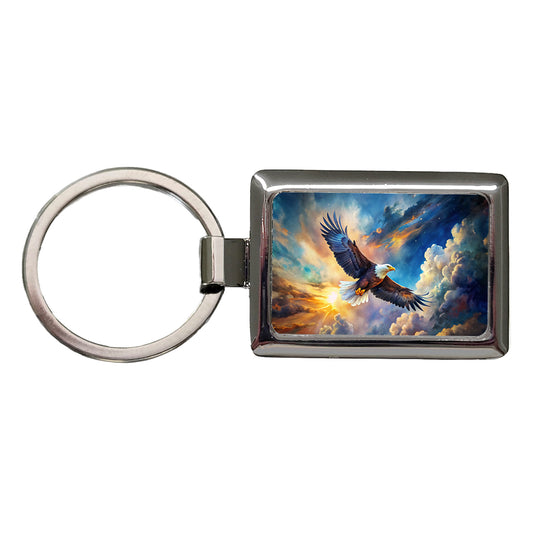 Bald Eagle Flying In Sky Clouds Watercolor Rectangle Metal Keychain