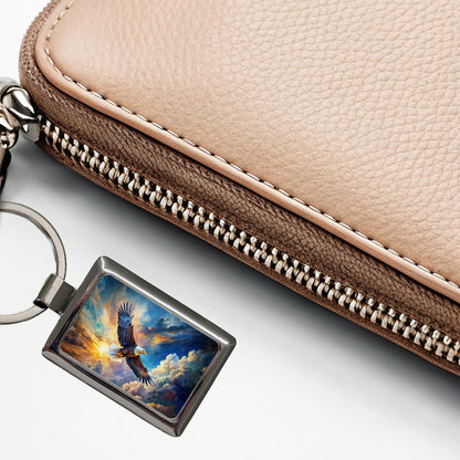 Bald Eagle Flying In Sky Clouds Watercolor Rectangle Metal Keychain