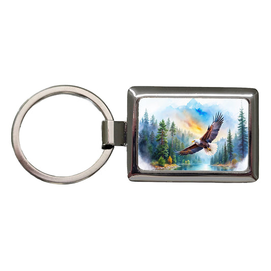 Bald Eagle Flying With Forest Lake Watercolor Rectangle Metal Keychain