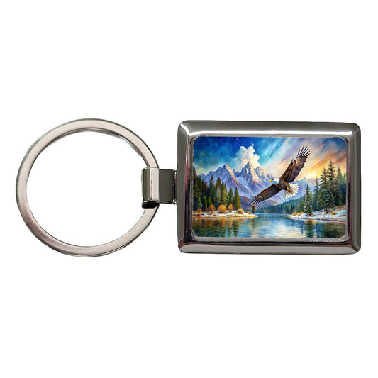 Bald Eagle Flying With Mountains Lake Watercolor Rectangle Metal Keychain
