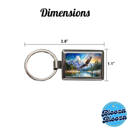 Bald Eagle Flying With Mountains Lake Watercolor Rectangle Metal Keychain