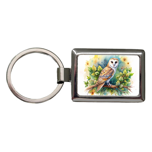 Barn Owl In Tree Watercolor Rectangle Metal Keychain
