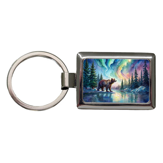 Bear And Northern Lights Watercolor Rectangle Metal Keychain