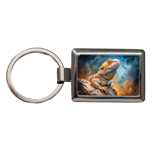 Bearded Dragon Lizard On Rock Stormy Scene Reptile Watercolor Rectangle Metal Keychain