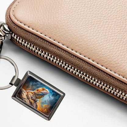 Bearded Dragon Lizard On Rock Stormy Scene Reptile Watercolor Rectangle Metal Keychain