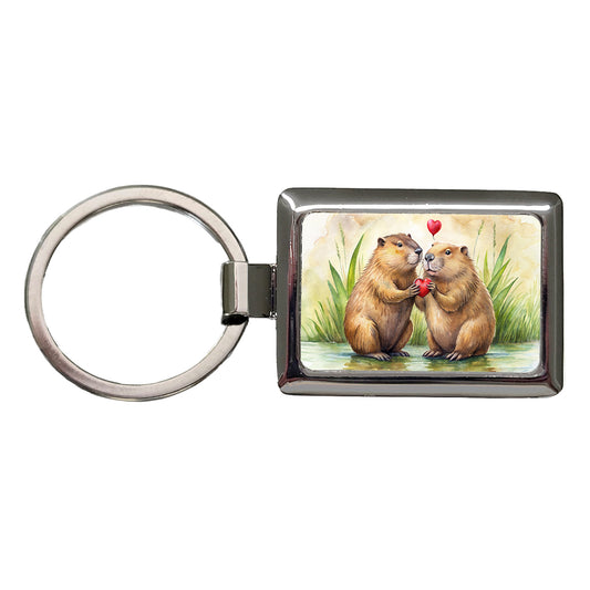 Beavers In Love Water Valentine's Day Rectangle Metal Keychain