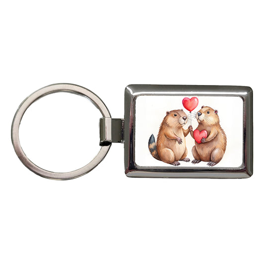 Beavers In Love With Hearts Valentine's Day Rectangle Metal Keychain