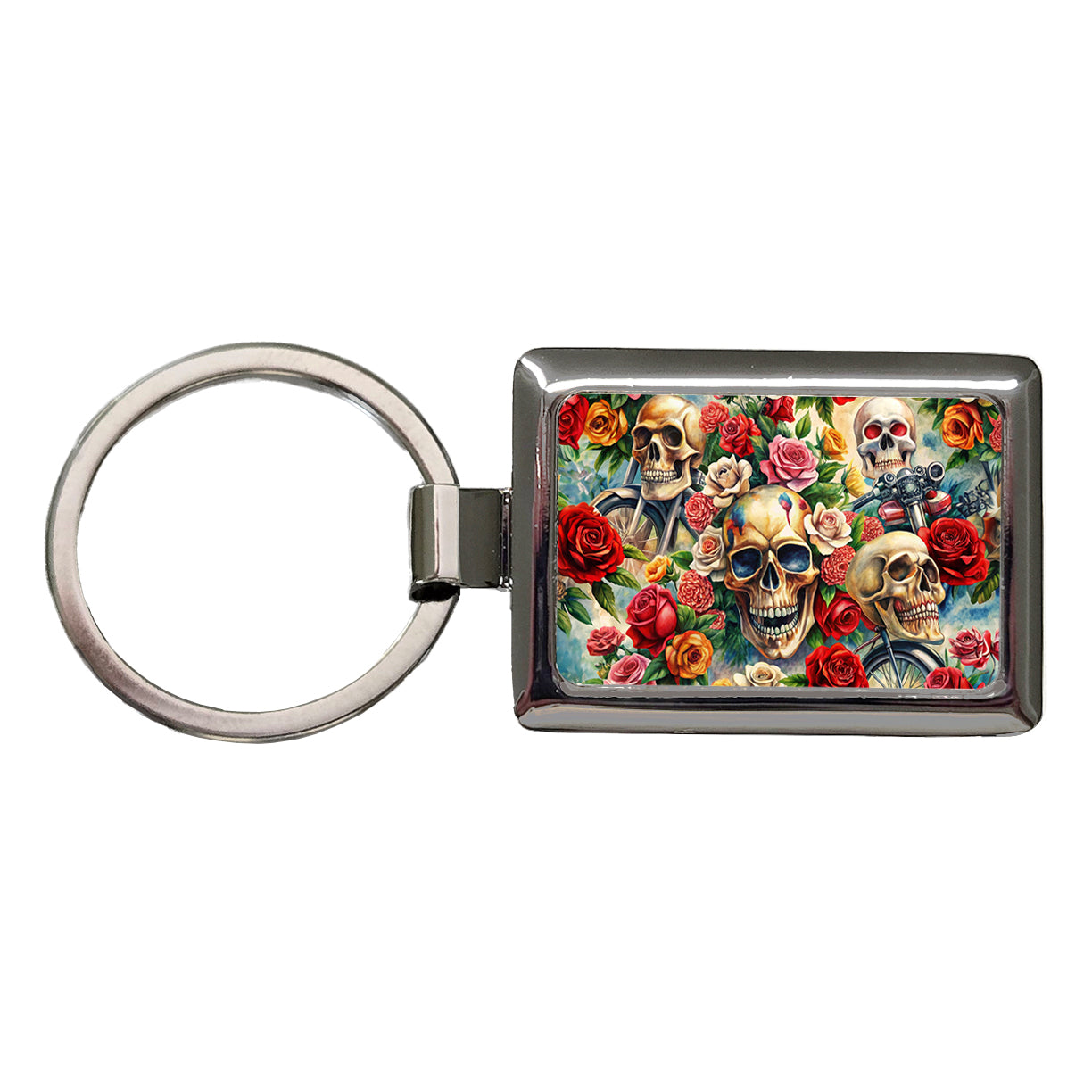 Biker Skulls And Roses Theme Watercolor Rectangle Metal Keychain
