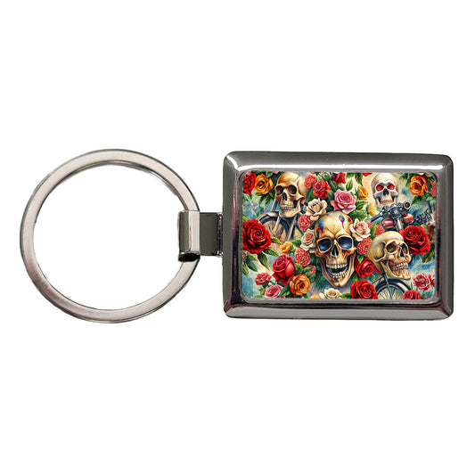 Biker Skulls And Roses Theme Watercolor Rectangle Metal Keychain