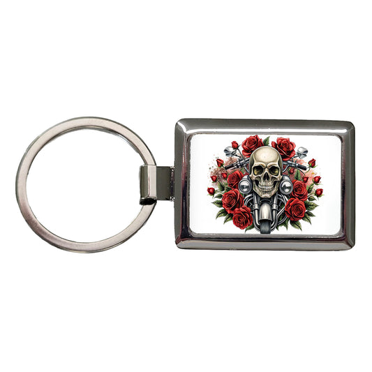 Biker Style Skulls And Roses Motorcycle Rectangle Metal Keychain