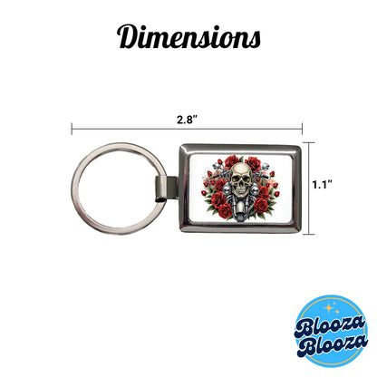 Biker Style Skulls And Roses Motorcycle Rectangle Metal Keychain