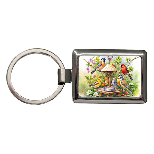 Birds At Feeder Watercolor Rectangle Metal Keychain