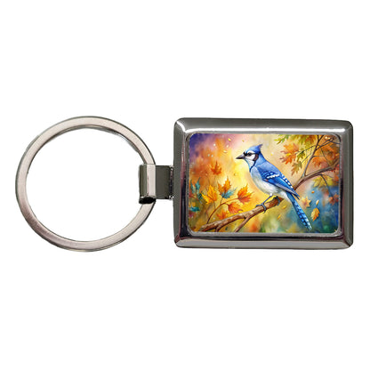 Blue Jay In Tree Watercolor Rectangle Metal Keychain