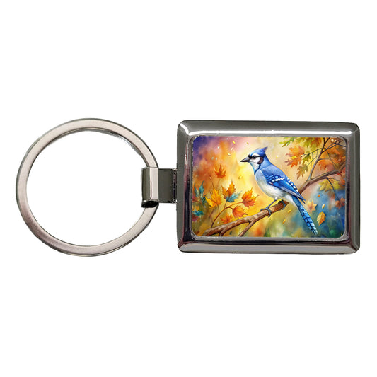 Blue Jay In Tree Watercolor Rectangle Metal Keychain