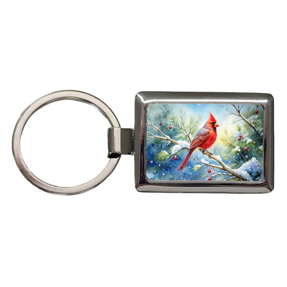 Cardinal In Snowy Tree Winter Watercolor Christmas Rectangle Metal Keychain