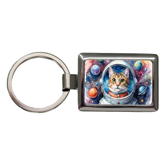 Cat In Space Funny Tabby Watercolor Rectangle Metal Keychain