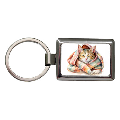 Cat Snuggling In Blanket Watercolor Rectangle Metal Keychain