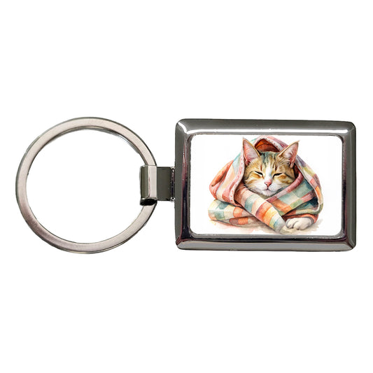 Cat Snuggling In Blanket Watercolor Rectangle Metal Keychain