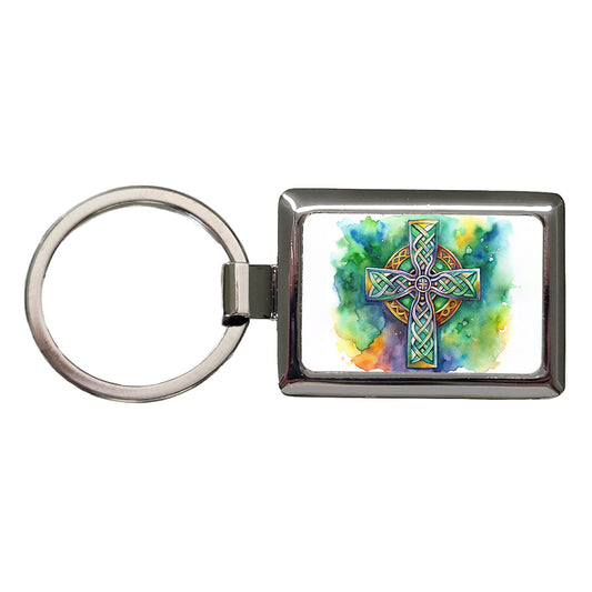 Celtic Christian Cross Watercolor Rectangle Metal Keychain