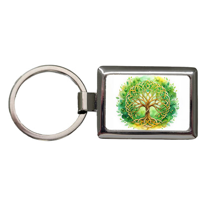 Celtic Irish Tree Of Life Knots Green And Golden Watercolor Rectangle Metal Keychain