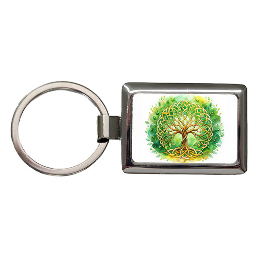 Celtic Irish Tree Of Life Knots Green And Golden Watercolor Rectangle Metal Keychain