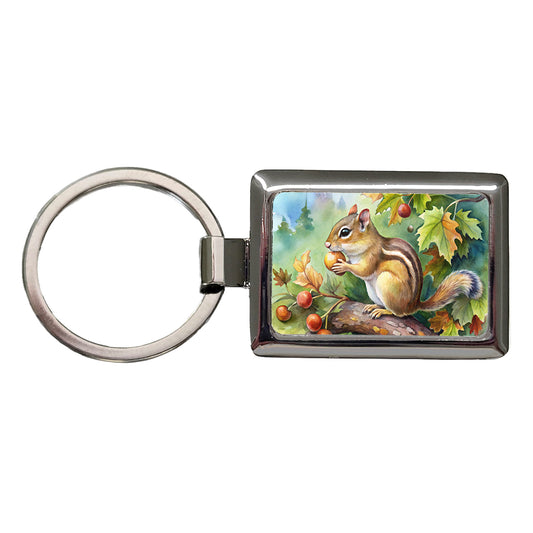 Chipmunk Eating Acorn In Tree Watercolor Rectangle Metal Keychain
