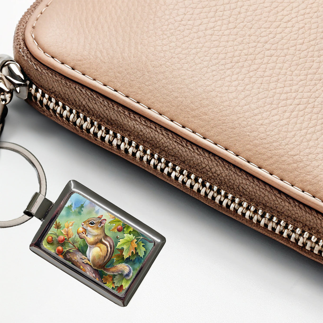 Chipmunk Eating Acorn In Tree Watercolor Rectangle Metal Keychain