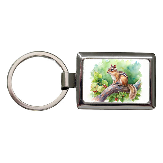 Chipmunk In Tree Watercolor Rectangle Metal Keychain