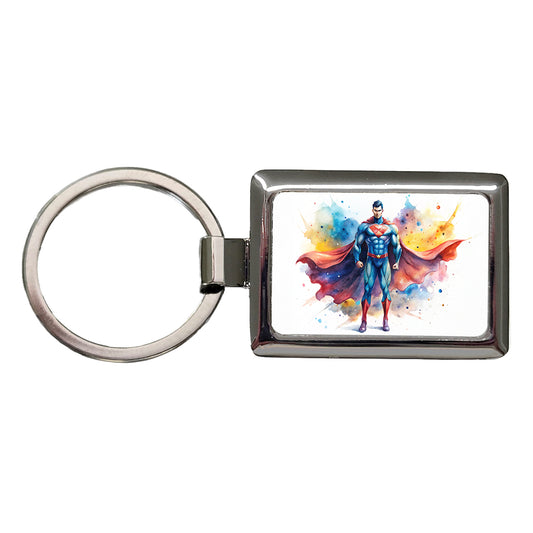Classic Caped Superhero Watercolor Rectangle Metal Keychain
