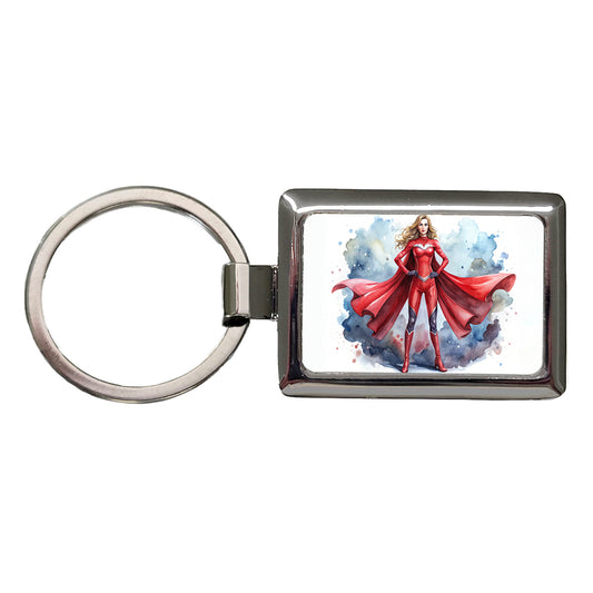 Classic Female Superhero With Red Costume Watercolor Rectangle Metal Keychain