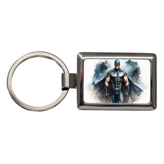 Classic Masked Superhero With Black Costume Watercolor Rectangle Metal Keychain