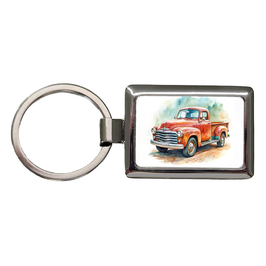 Classic Retro Vintage Pickup Truck Watercolor Rectangle Metal Keychain