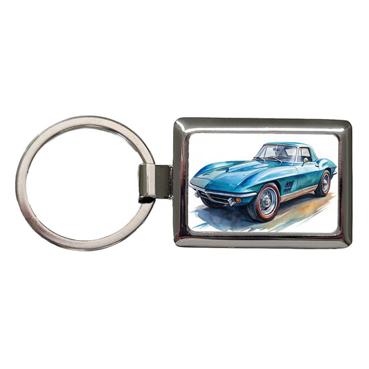 Classic Vintage Blue Sports Car Watercolor Rectangle Metal Keychain