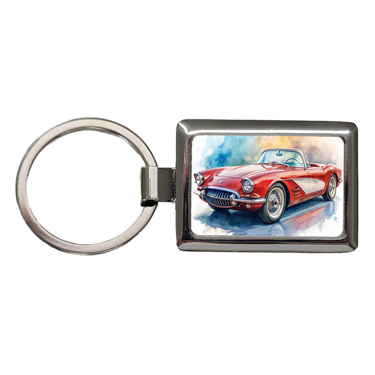 Classic Vintage Red White Sports Car Watercolor Rectangle Metal Keychain