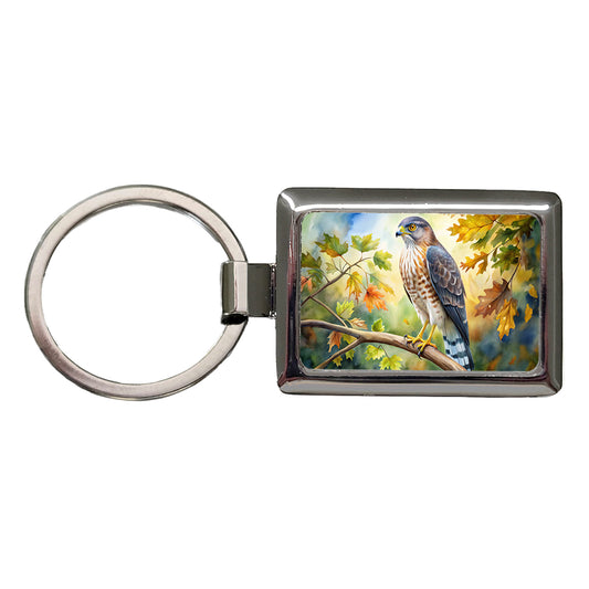 Cooper's Hawk Raptor Bird Of Prey In Tree Watercolor Rectangle Metal Keychain