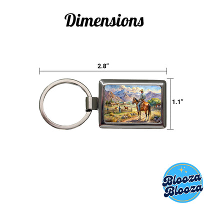 Cowboys Western Ranch Scene Watercolor Rectangle Metal Keychain