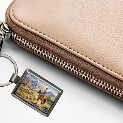 Cowboys Western Ranch Scene Watercolor Rectangle Metal Keychain