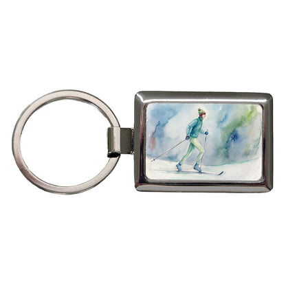 Cross Country Skiing Watercolor Rectangle Metal Keychain
