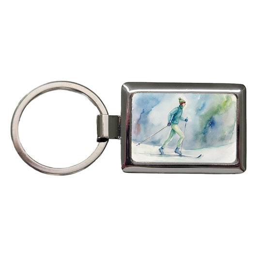 Cross Country Skiing Watercolor Rectangle Metal Keychain