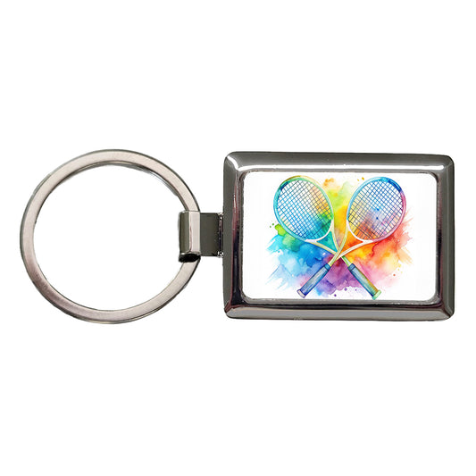 Crossed Tennis Rackets Watercolor Rectangle Metal Keychain
