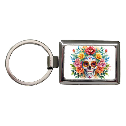 Day Of The Dead Día De Muertos Theme Watercolor Rectangle Metal Keychain