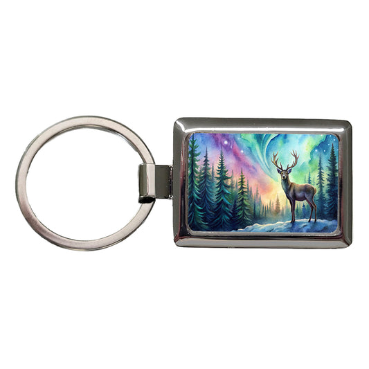Deer And Northern Lights Watercolor Rectangle Metal Keychain