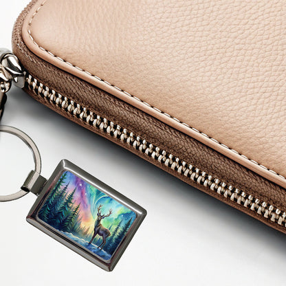 Deer And Northern Lights Watercolor Rectangle Metal Keychain