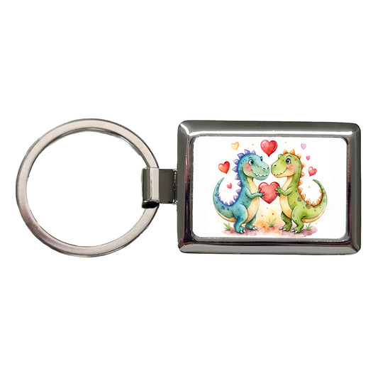 Dinosaurs In Love With Hearts Valentine's Day Rectangle Metal Keychain