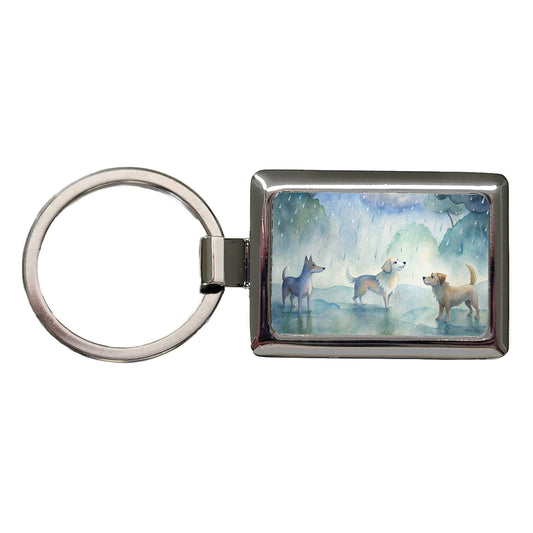 Dogs In The Rain Watercolor Rectangle Metal Keychain