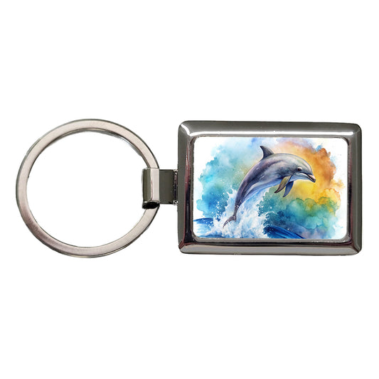Dolphin Jumping In Ocean Watercolor Rectangle Metal Keychain