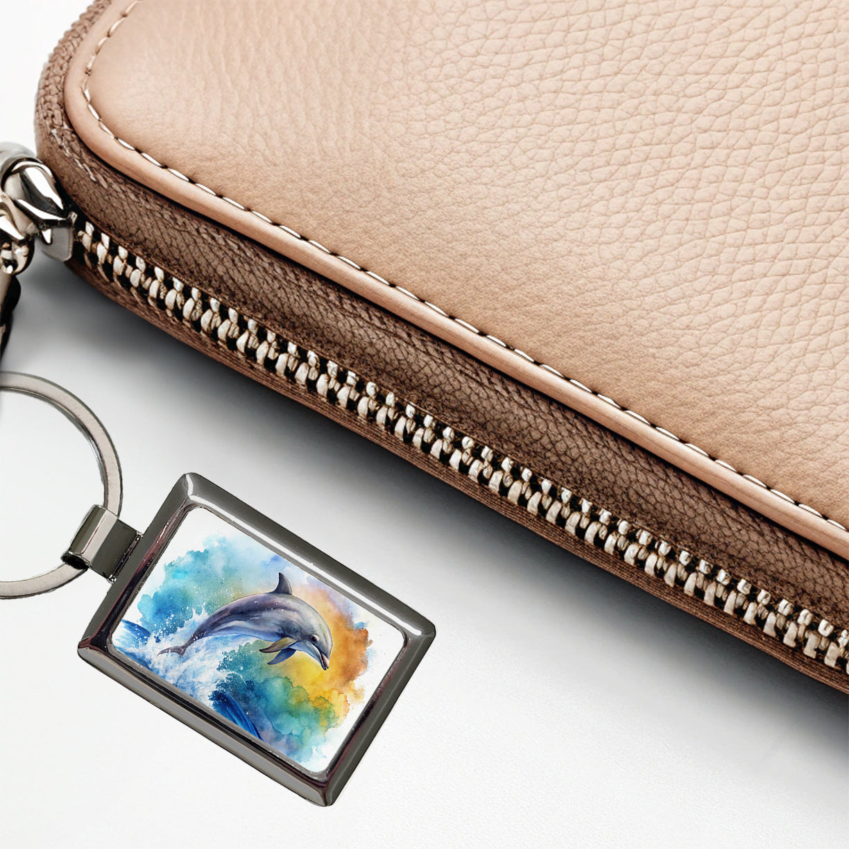 Dolphin Jumping In Ocean Watercolor Rectangle Metal Keychain