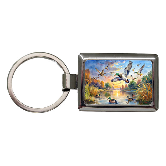 Ducks Flying At Sunrise Hunting Watercolor Rectangle Metal Keychain