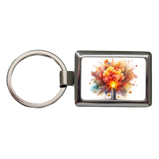 Dynamite Exploding Explosion Watercolor Rectangle Metal Keychain